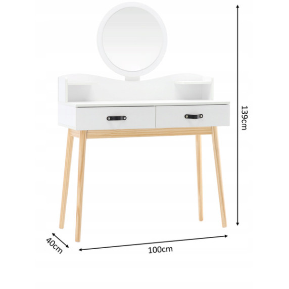 Škandinávsky toaletný stolík s okrúhlym zrkadlom PHO1602- biely