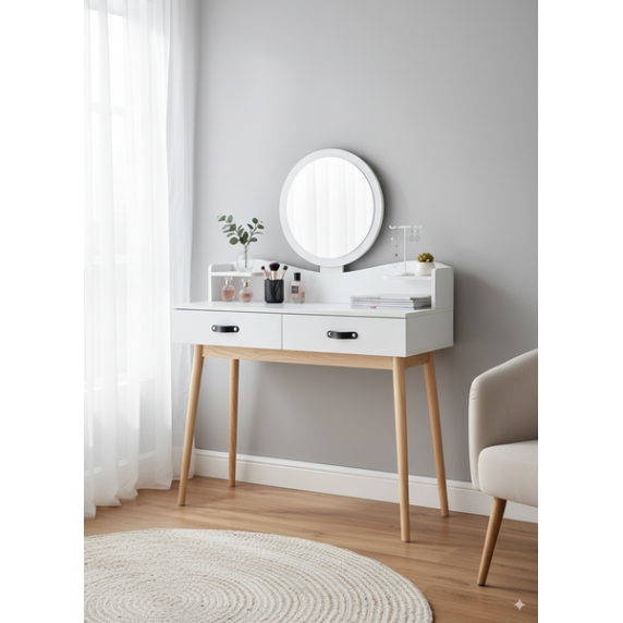Škandinávsky toaletný stolík s okrúhlym zrkadlom PHO1602- biely