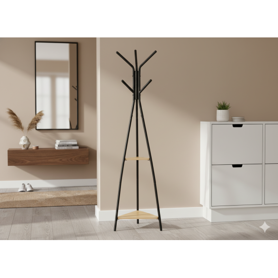 TARES Stoječi obešalnik s policami 180 cm - črn