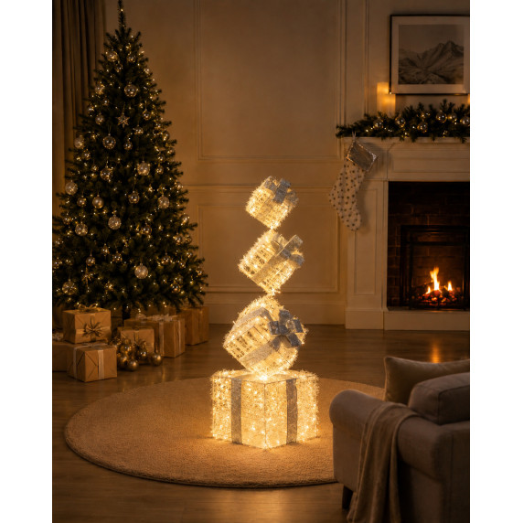 Vianočná LED dekorácia – svietiace darčeky, 100 cm, 70 LED - strieborná