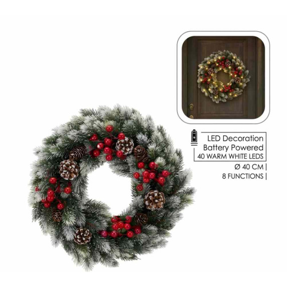 Karácsonyi koszorú 40 cm, 40 LED világítással - havas