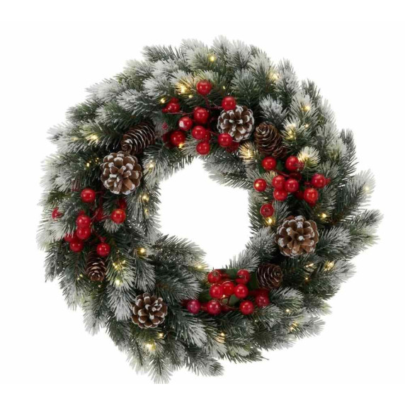 Karácsonyi koszorú 40 cm, 40 LED világítással - havas