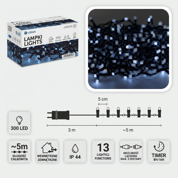 Ghirlandă luminoasă cu LED-uri 100L, alb rece, 5 + 3 m, pentru interior/exterior
