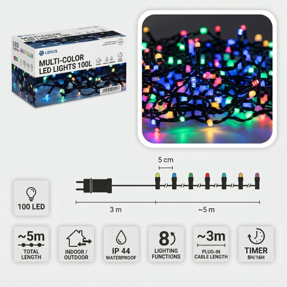 Ghirlandă luminoasă LED 100L multicoloră, 5 + 3 m, pentru interior/exterior