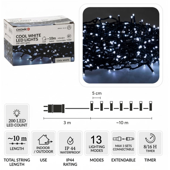 Ghirlandă luminoasă cu LED-uri 200L, alb rece, 10 + 3 m, pentru interior/exterior