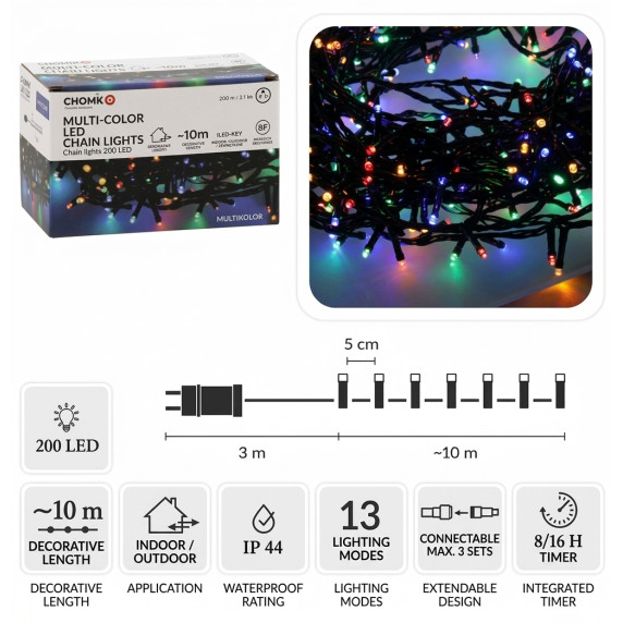 Ghirlandă luminoasă LED 200L multicoloră, 10 + 3 m, pentru interior/exterior
