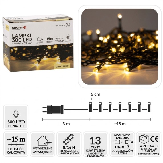 Ghirlandă luminoasă de Crăciun de 15 m, 300 de LED-uri – alb cald