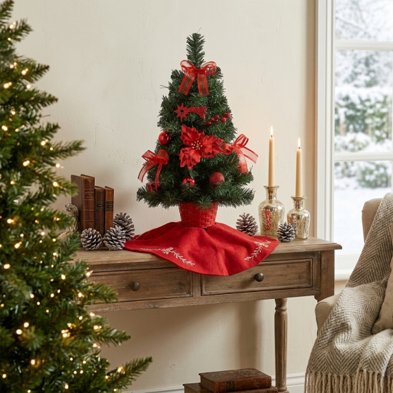 Brad de masă de Crăciun cu decorațiuni roșii – 50 cm 