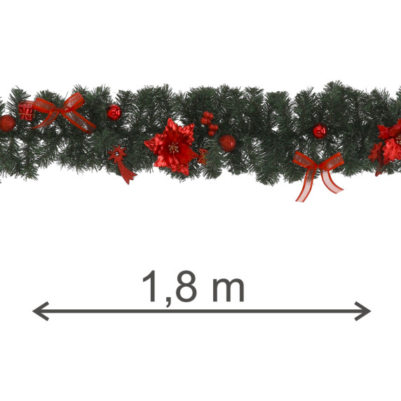 Ghirlandă de Crăciun cu decorațiuni, 1,8 m – roșie