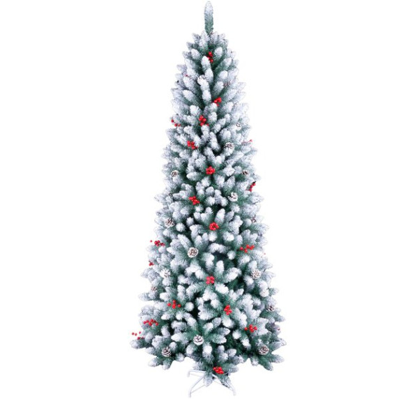 Műfenyő havas 210 cm, piros bogyókkal, tobozokkal, 330 LED világítással