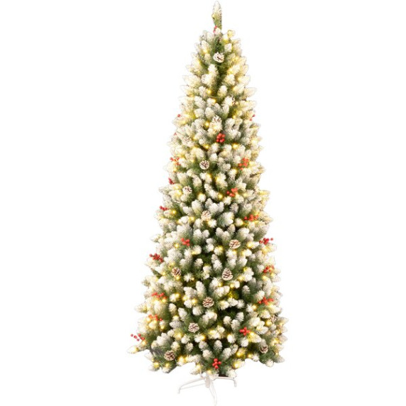 Műfenyő havas 210 cm, piros bogyókkal, tobozokkal, 330 LED világítással