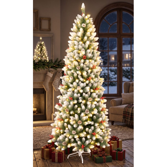 Műfenyő havas 210 cm, piros bogyókkal, tobozokkal, 330 LED világítással