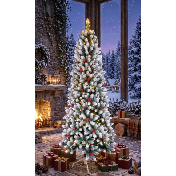 Műfenyő havas 210 cm, piros bogyókkal, tobozokkal, 330 LED világítással