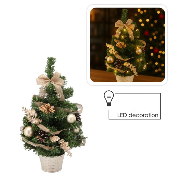 Brad de Crăciun decorat, 50 cm, cu 15 beculețe LED – auriu