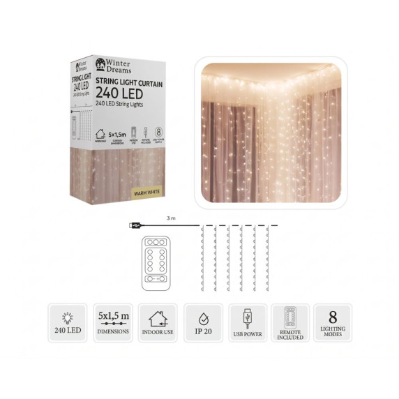 Ghirlandă luminoasă cu telecomandă, 5 x 1,5 m, 240 LED-uri – alb cald