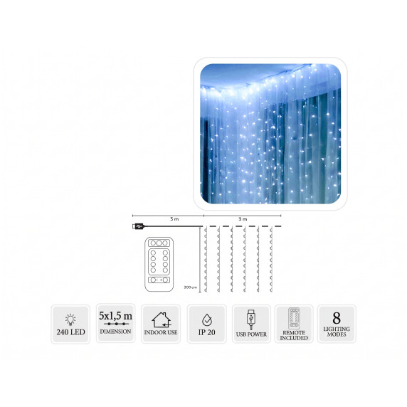 Ghirlandă luminoasă cu telecomandă, 5 x 1,5 m, 240 LED-uri – alb rece