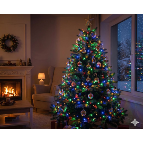 Ghirlandă luminoasă de Crăciun de 15 m, 300 de LED-uri – multicoloră, cu sclipire rece