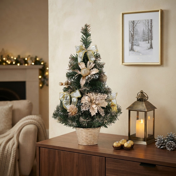 Brad de Crăciun artificial cu decorațiuni, 50 cm – culoare șampanie 