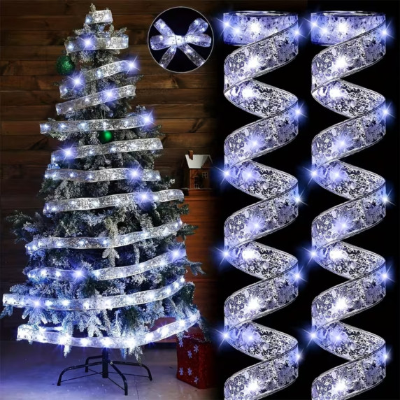 Panglică de Crăciun cu iluminare LED – Roșu/auriu