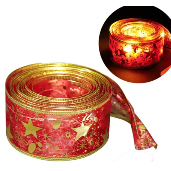Panglică de Crăciun cu iluminare LED – Roșu/auriu