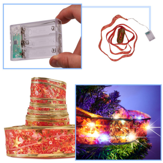 Panglică de Crăciun cu iluminare LED – Roșu/auriu