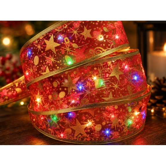 Panglică de Crăciun cu iluminare LED – Roșu/auriu