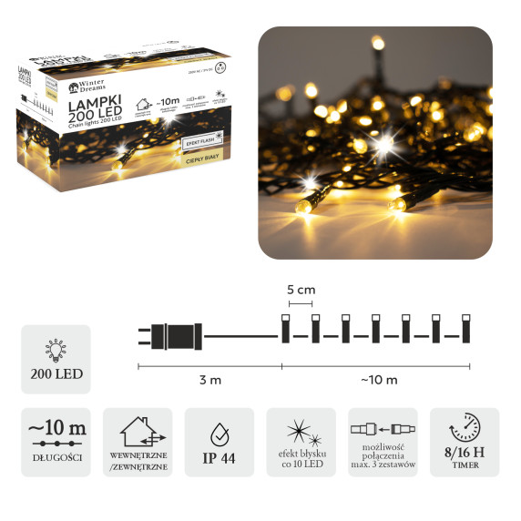 LED fényfüzér 200 LED 10 m meleg fehér + hideg falsh - Beltéri/kültéri