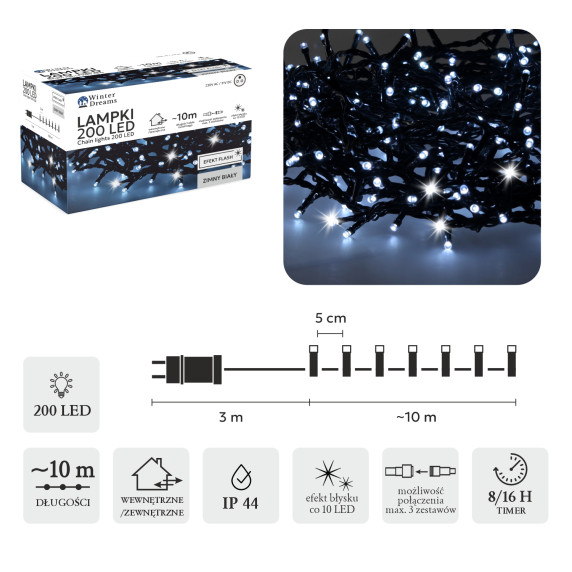 LED fényfüzér 200 LED 10 m hideg fehér + hideg falsh - Beltéri/kültéri