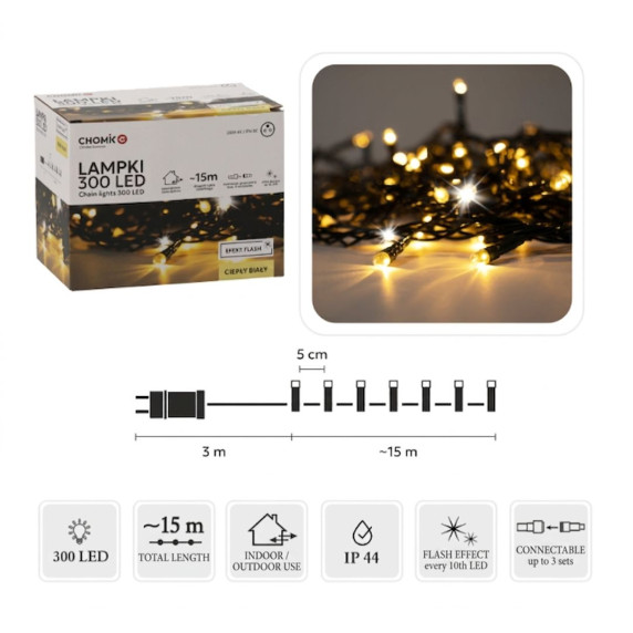 Ghirlandă luminoasă de Crăciun de 15 m, 300 de LED-uri – alb cald cu sclipiri reci