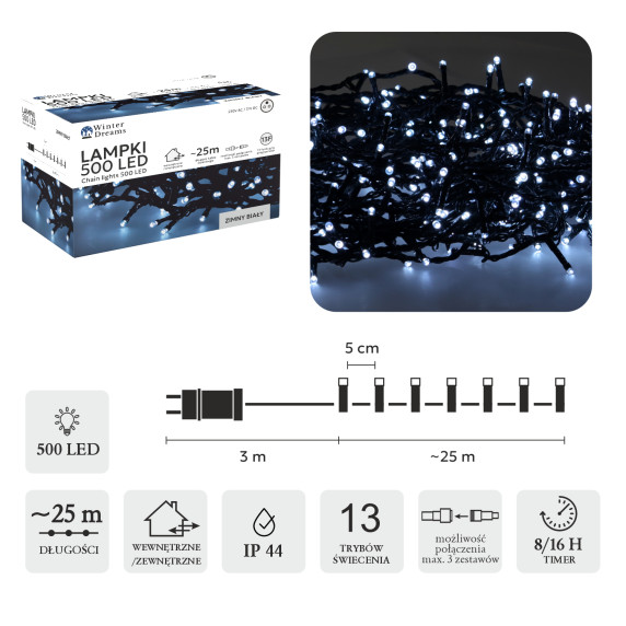 LED fényfüzér  500 LED 25 m hideg fehér - Beltéri/kültéri
