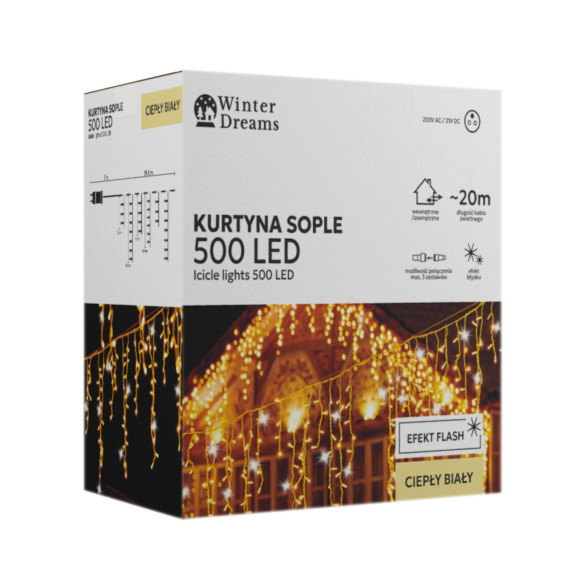 Jégcsap fényfüggöny 20 m 500 LED - melegfehér + hidegfehér villanóhatás