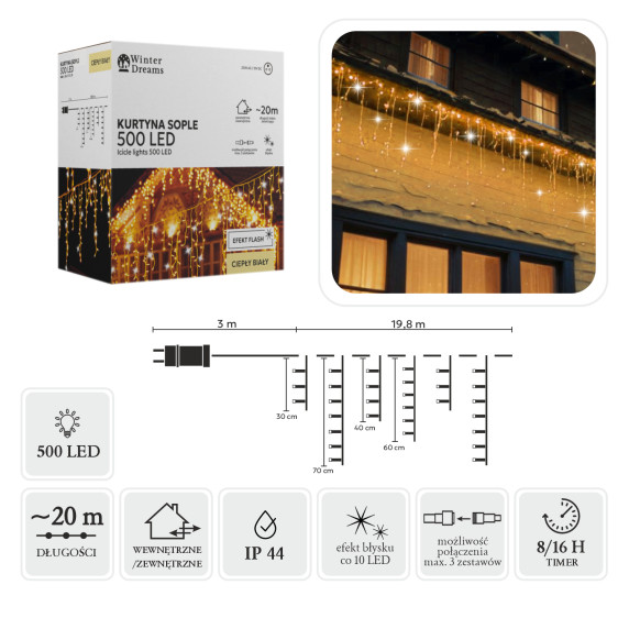 Jégcsap fényfüggöny 20 m 500 LED - melegfehér + hidegfehér villanóhatás