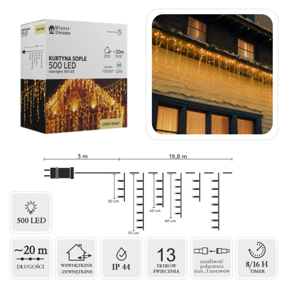 Jégcsap fényfüggöny 20 m 500 LED - Meleg fehér
