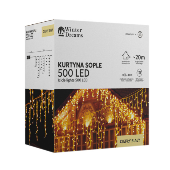 Jégcsap fényfüggöny 20 m 500 LED - Meleg fehér
