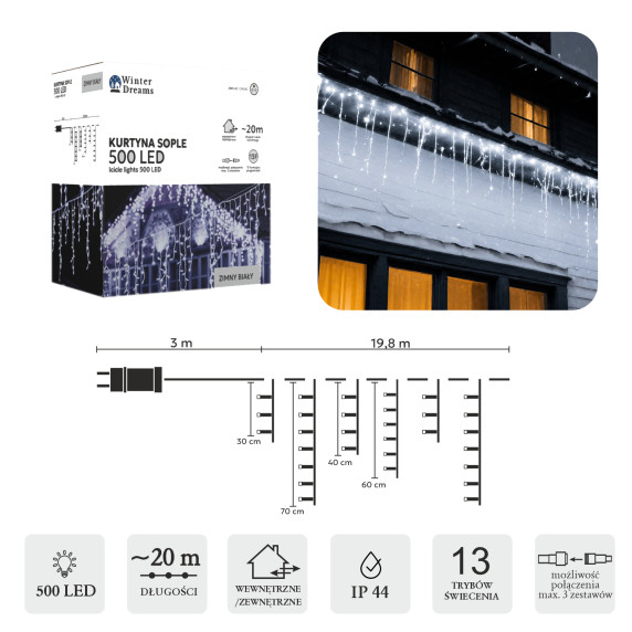 Jégcsap fényfüggöny 20 m 500 LED - Hideg fehér
