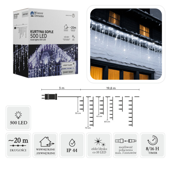 Jégcsap fényfüggöny 20 m 500 LED - hidegfehér + hidegfehér villanóhatás