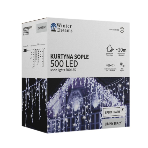 Jégcsap fényfüggöny 20 m 500 LED - hidegfehér + hidegfehér villanóhatás