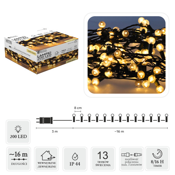 LED fényfüzér golyós cseresznye 200 LED 16 m - Meleg fehér