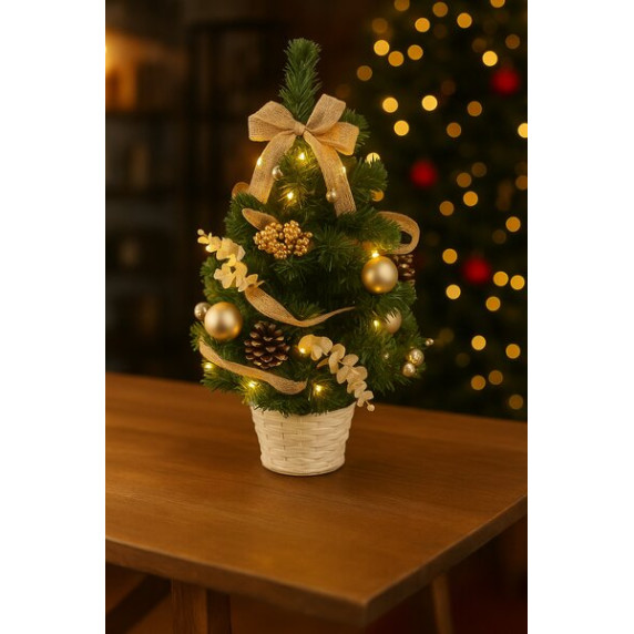Brad de Crăciun decorat, 50 cm, cu 15 beculețe LED – auriu