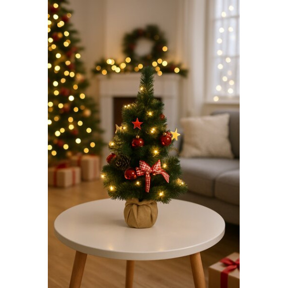 Brad de Crăciun decorat, 50 cm, cu 20 de beculețe LED – roșu-alb