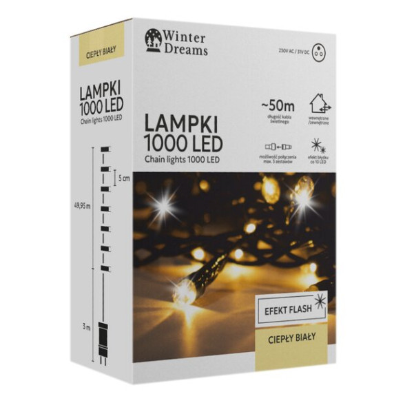 Ghirlandă luminoasă de Crăciun de 50 m, 1000 de LED-uri – culoare alb cald cu sclipiri reci