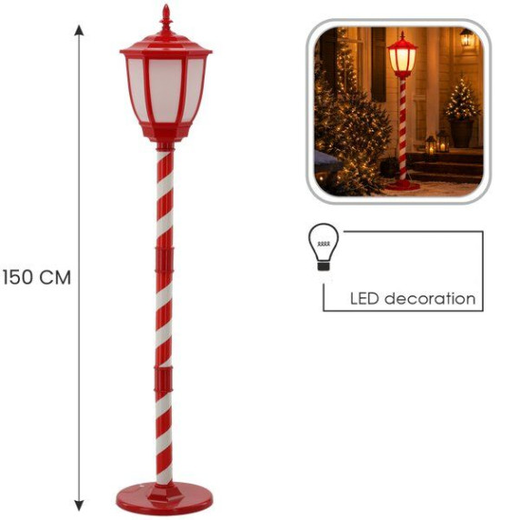Karácsonyi LED álló lámpás 150 cm - piros-fehér csíkos mintával, meleg fehér fénnyel