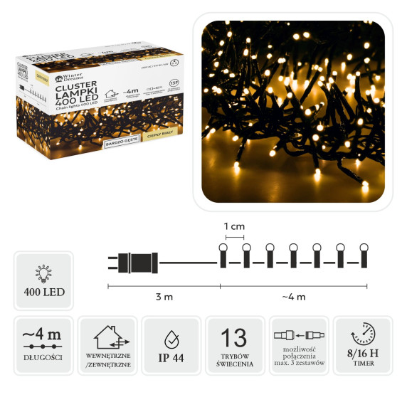 LED CLUSTER svetelná reťaz 400 LED 4 m teplá biela - Vnútorná/vonkajšia