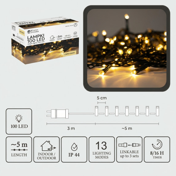 Ghirlandă luminoasă cu LED-uri 100L, alb cald, 5 + 3 m, pentru interior/exterior