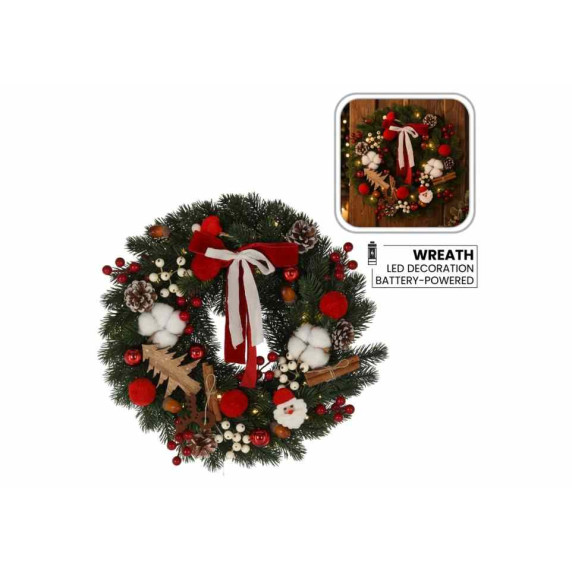 Karácsonyi koszorú 40 cm, 40 LED világítással - piros/fehér