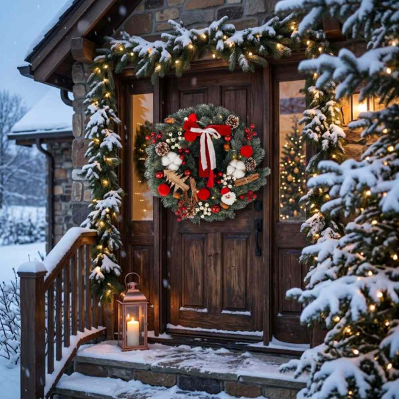 Karácsonyi koszorú 40 cm, 40 LED világítással - piros/fehér