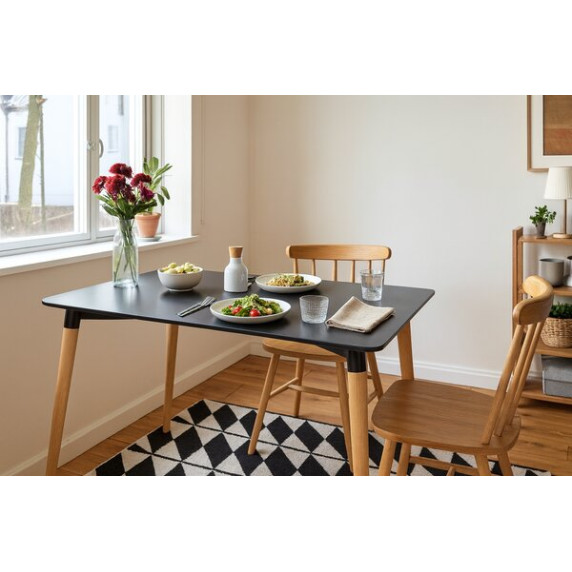 Moderna jedilna miza s črno ploščo in lesenimi nogami – FAT1149 – 120 × 80 cm