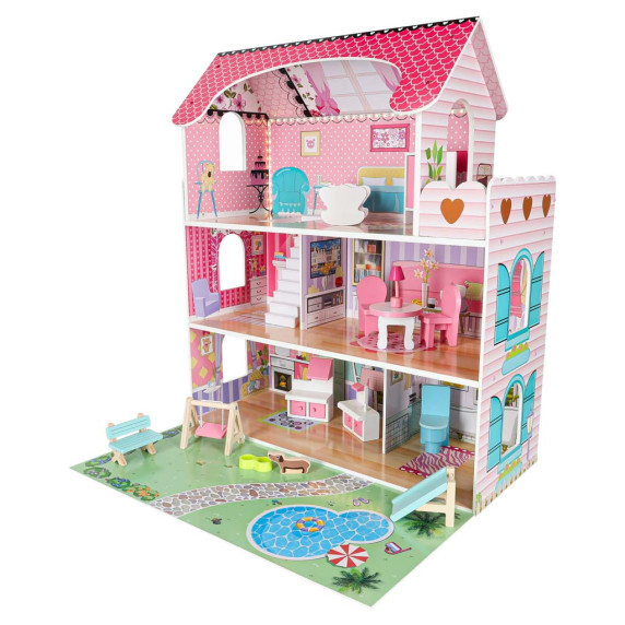Fa babaház bútorokkal és LED világítással 70 cm DOLLHOUSE GARDEN - Rózsaszín