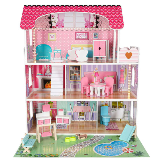 Fa babaház bútorokkal és LED világítással 70 cm DOLLHOUSE GARDEN - Rózsaszín