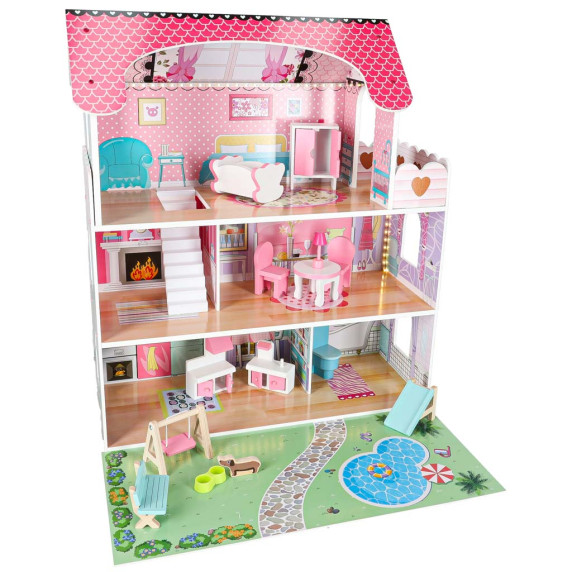 Fa babaház bútorokkal és LED világítással 70 cm DOLLHOUSE GARDEN - Rózsaszín